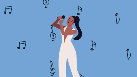 Flat animation of female singer in white jumpsuit performing with microphon.. 動画素材 339046965
