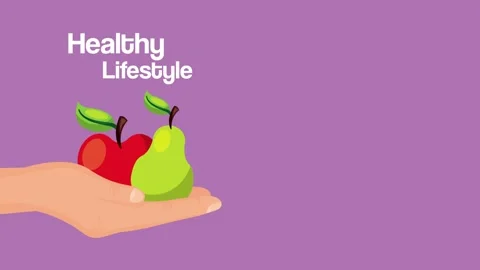 Flat animation of hand holding fresh apple and pear for healthy lifestyle c.. Vídeo Stock 333354940