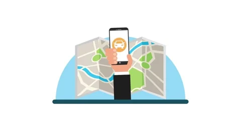 Flat animation of hand holding smartphone with ride sharing car app over pa.. Vídeos de archivo 339066239