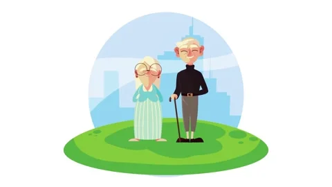 Flat animation of happy elderly couple standing together on green field wit.. Vídeo Stock 338994696