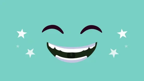 Flat animation of joyful laughing face with twinkling stars on teal backgroun Vídeo Stock 338988947