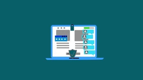 Flat animation of a laptop with a chat sidebar and shield icon Stock Footage 335113537