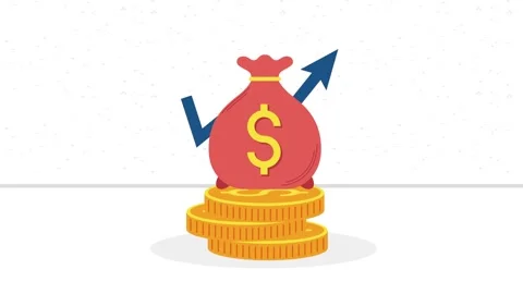 Flat animation of money bag with dollar symbol sitting on stack of gold coi.. Stock Footage 339207302