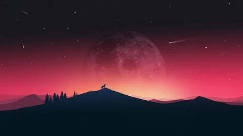 Flat animation of mountainous desert at dusk while a wolf howls at the Stock Footage 116881496
