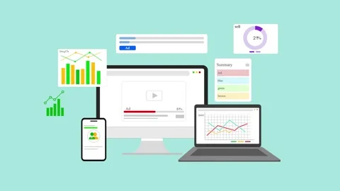 Flat animation of multiple devices showing charts, graphs and analytics wid.. Video stock 334762408