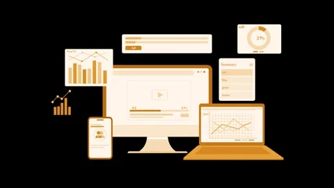 Flat animation of multiple devices showing charts, graphs and analytics wid.. Video stock 334762414