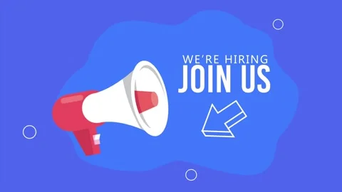 Flat animation of red megaphone with join us text and arrow on blue backgroun Stock Footage 339068399