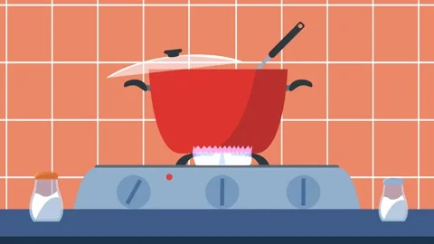 Flat animation of a red pot boiling on a kitchen stove burner with salt and.. Stock-Footage 338424783