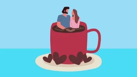 Flat animation of romantic couple sitting inside large red coffee mug with .. Video stock 339066479