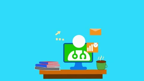 Flat animation of a telemedicine desk setup computer monitor showing a doct.. Stock Footage 335113512