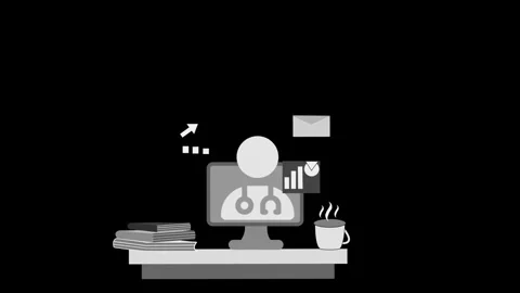 Flat animation of a telemedicine desk setup computer monitor showing a doct.. Stock Footage 335113513