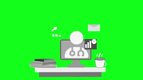 Flat animation of a telemedicine desk setup computer monitor showing a doct.. Stock Footage 335113538