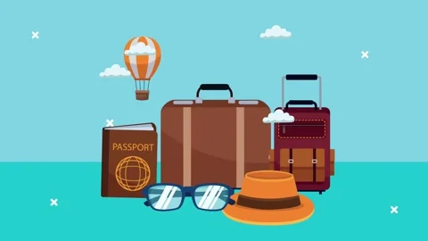 Flat animation of travel items including suitcases passport hat and hot air.. Video stock 334160983