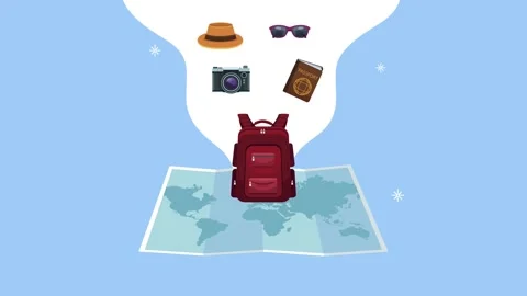 Flat animation of travel items including world map backpack camera passport.. Stock Footage 339273011