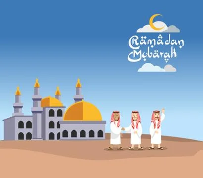 Flat Arabian Men Character In Front Of Mosque Stock Illustration