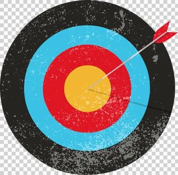 Flat archery target showing red arrow hitting yellow bullseye, grunge rings, Stock Illustration