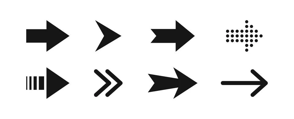 Flat arrow button icons set. Different style pointer web arrows collection Stock Illustration