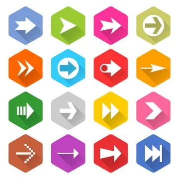 Flat arrow icon set hexagon web button Stock-Illustration