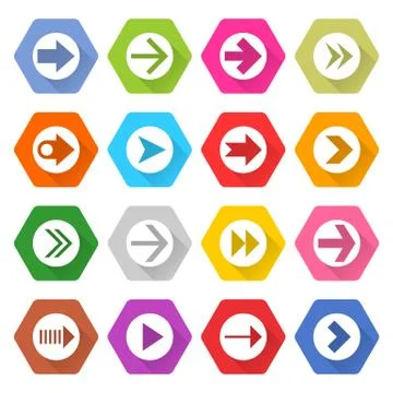 Flat arrow icon set hexagon web button Stock Illustration