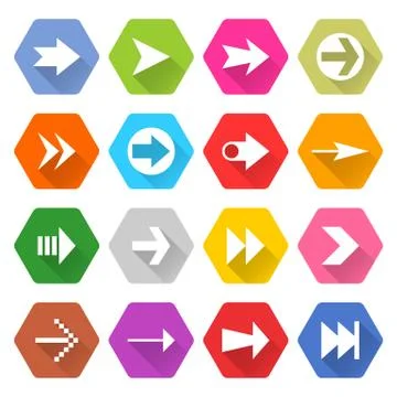 Flat arrow icon set hexagon web button 스톡 일러스트