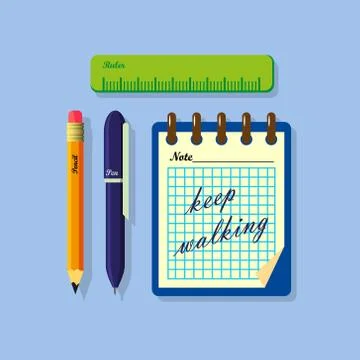 Flat art illustration of a ruler, a notebook, pen and pencil Stock Illustration