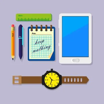 Flat art illustration of a ruler, a notebook, pen, pencil, tablet PC and watches Stock-Illustration