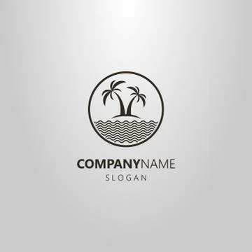 Flat art logo of two palm trees and a sea in a round frame Stock Illustration