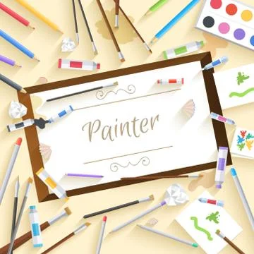 Flat art painter workshop with paint supplies equipment tools ba Stock Illustration