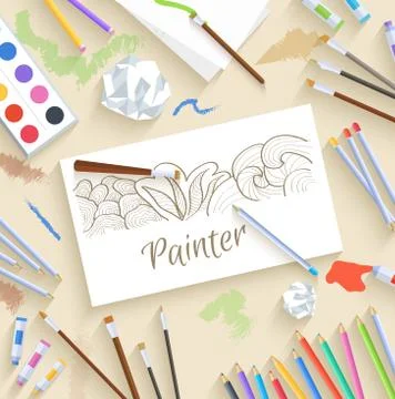 Flat art painter workshop with paint supplies equipment tools ba Stock Illustration