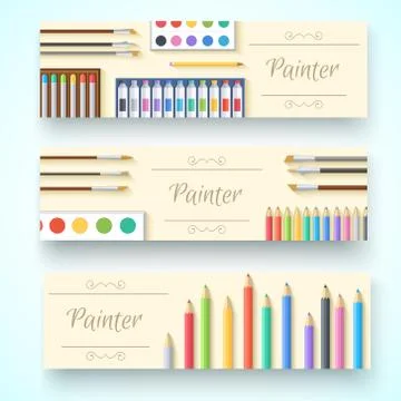 Flat art painter workshop with paint supplies equipment tools ba Stock Illustration