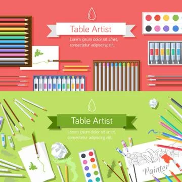 Flat art painter workshop with paint supplies equipment tools ba Stock Illustration