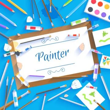 Flat art painter workshop with paint supplies equipment tools background. Vector Stock Illustration