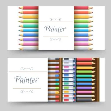 Flat art painter workshop with paint supplies equipment tools  banners. Vecto Stock Illustration