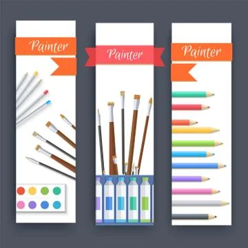 Flat art painter workshop with paint supplies equipment tools background. Vector Stock Illustration