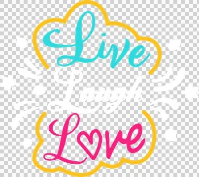 Flat art is showcasing cursive Live Laugh Love with yellow outline, heart on Illustrazione stock