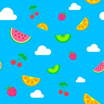 Flat art simple vector blue summer fruit seamless pattern 스톡 일러스트