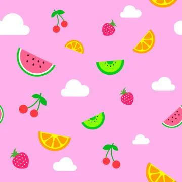 Flat art simple vector pink summer fruit seamless pattern Stock Illustration