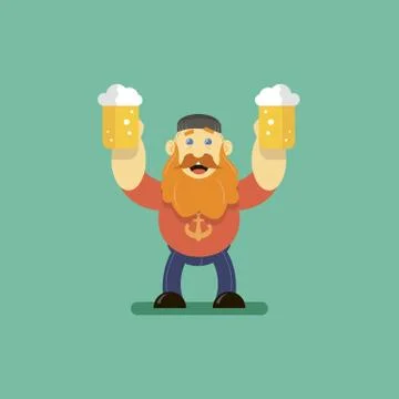 Flat art vector illustration of a cartoon man with two glass of beer Иллюстрация