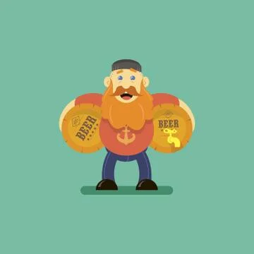 Flat art vector illustration of a cartoon man with two beer barrels Stock Illustration