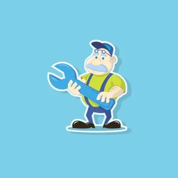 Flat art vector illustration of a cute cartoon mechanic with wrench Stock Illustration