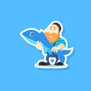  flat art vector illustration of a cute cartoon fisherman with fish Stock Illustration