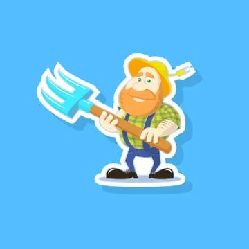 Flat art vector illustration of a cute cartoon farmer with a pitchfork Иллюстрация
