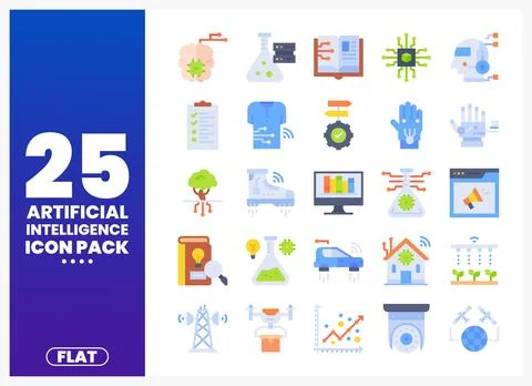 Flat artificial intelligence icon pack with technology and science symbols Stock Illustration