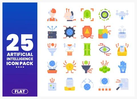 Flat artificial intelligence icon pack with elements on a white background Illustrazione stock