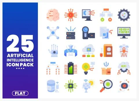 Flat artificial intelligence icon set on a gradient background. Stock Illustration