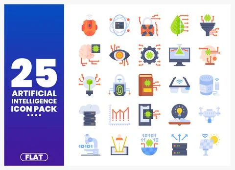 Flat artificial intelligence icons set in a clean digital art style on a gr.. Stock Illustration