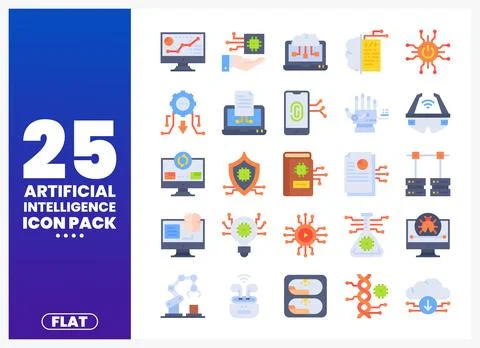 Flat Artificial Intelligence Icons on White Background Stock Illustration