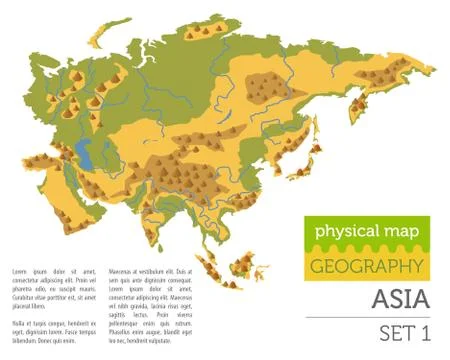 Flat Asia physical map constructor elements isolated on white. Build your own 스톡 일러스트