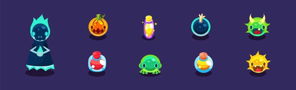 Flat Assets for Mobile Game with Funny Creatures Vector Set Stock Illustration