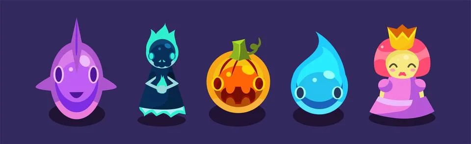 Flat Assets for Mobile Game with Funny Creatures Vector Set Stock Illustration